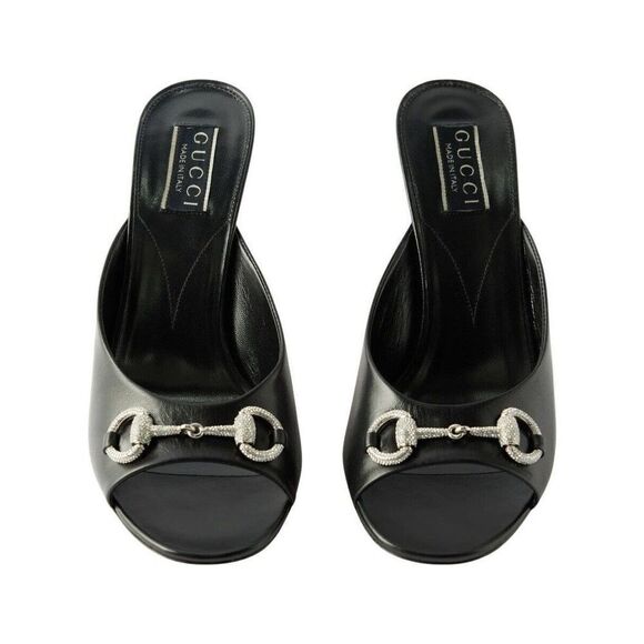 Gucci Women's Crystal Embellished Horsebit 85 Leather Mule Heels Black 41 - Picture 7 of 10